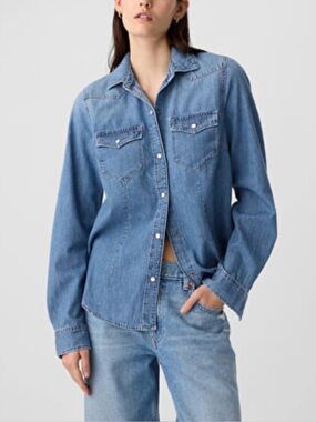 Gap Denim Western Shirt NWT Medium-Wash Pearl-Snaps Classic Cowgirl Western L